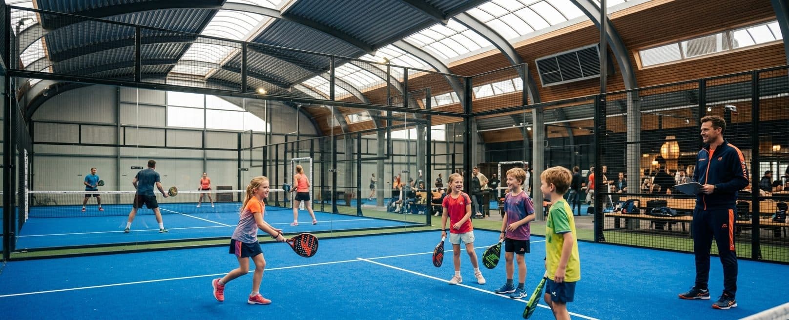 Bambini e adulti che giocano a padel nei campi coperti